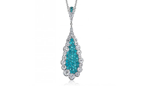 Necklace from the Tempera collection, showcasing a large teardrop of sapphires and diamonds