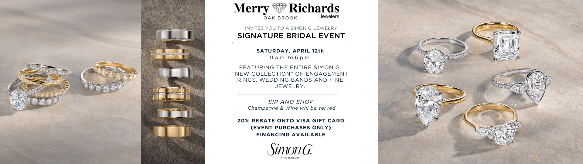 Merry Richards Bridal Event banner featuring engagement rings and wedding bands