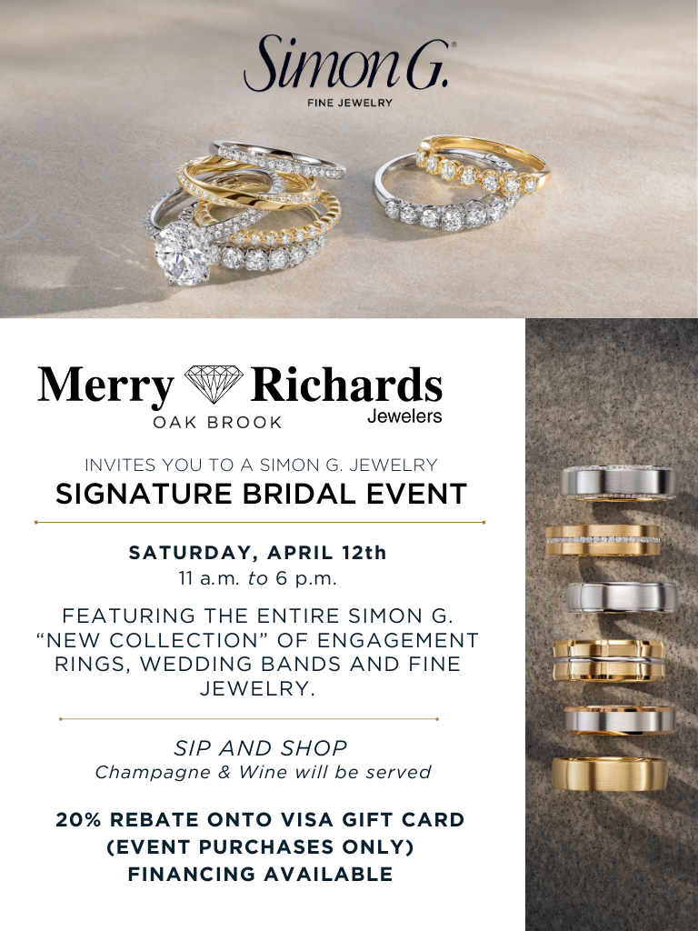 Merry Richards Bridal Event banner featuring engagement rings and wedding bands